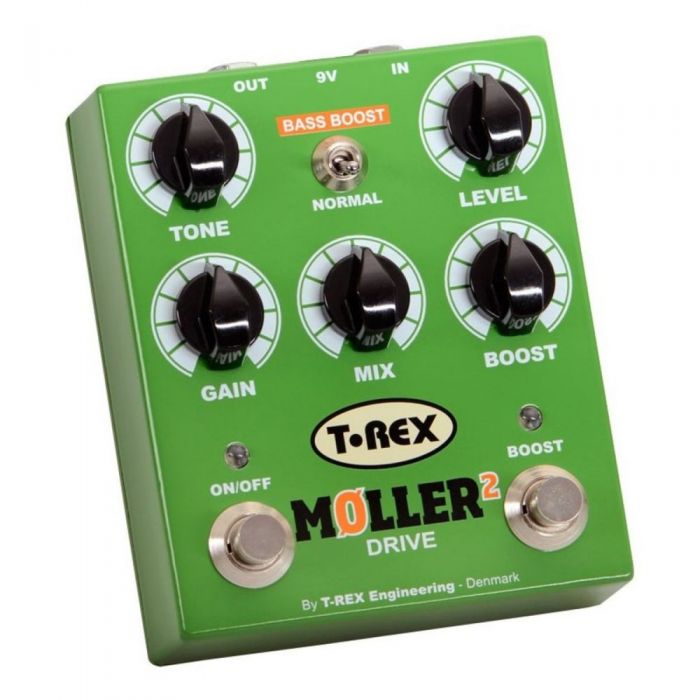Angled view of a T-Rex Moller 2 Overdrive Guitar Pedal