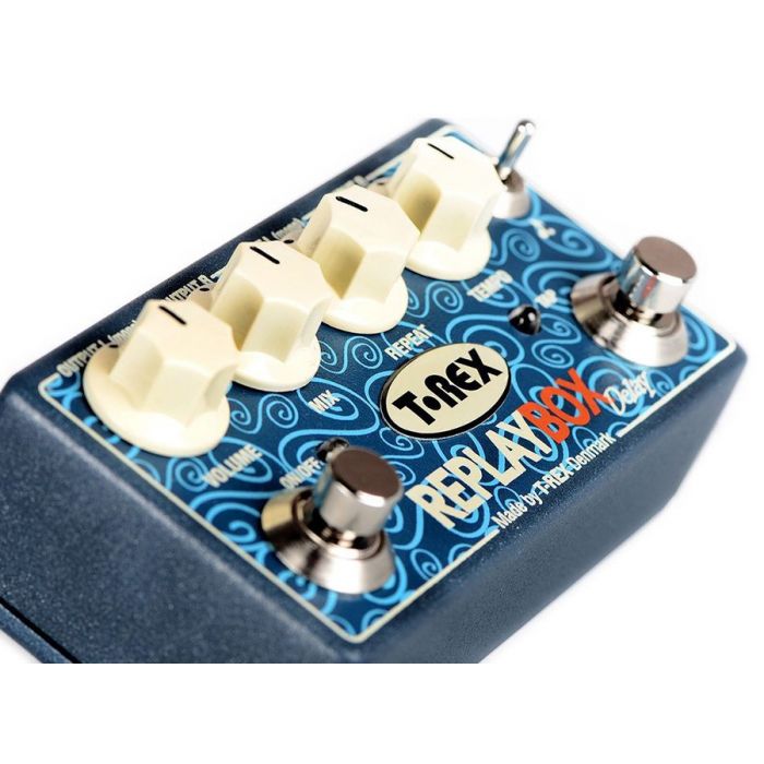 Angled view of a T-Rex Replay Box True Stereo Delay Pedal