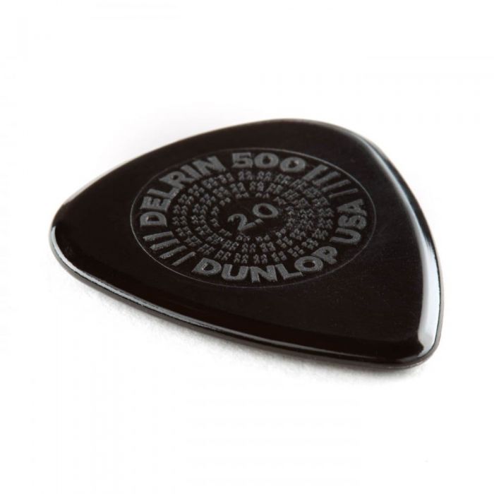 Angled view of a Dunlop Prime Grip Delrin 500 2.00mm Guitar Pick