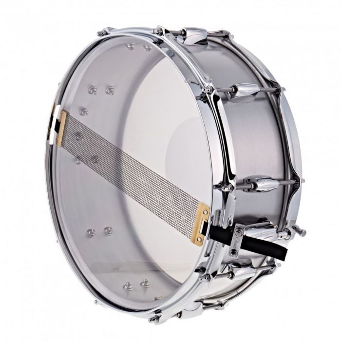 Closeup of the snares on a Gretsch Full Range Grand Prix 14x5 Aluminium Snare drum