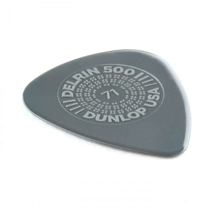 Angled view of a Dunlop Prime Grip Delrin 500 .71mm Guitar Pick 