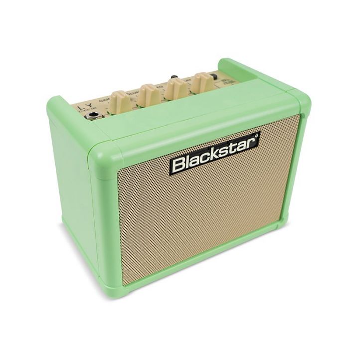 Right-angled view of a Blackstar Fly3 3w Battery Powered Combo, Surf Green