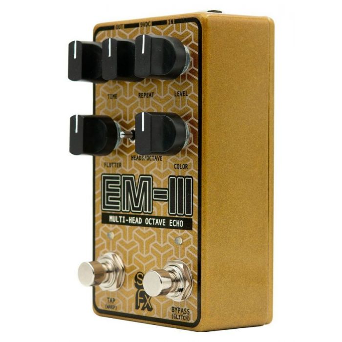 Left-angled view of a SolidGoldFX EM-III Multi-Head Tape-Style Delay Pedal