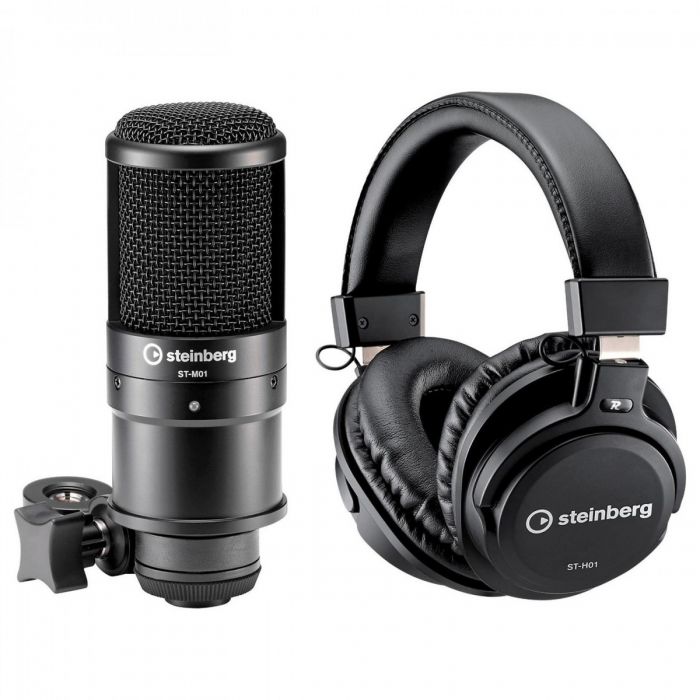 View of the ST-M01 Condenser Microphone and Headphones in the Steinberg UR22MKII Recording Pack Elements Edition