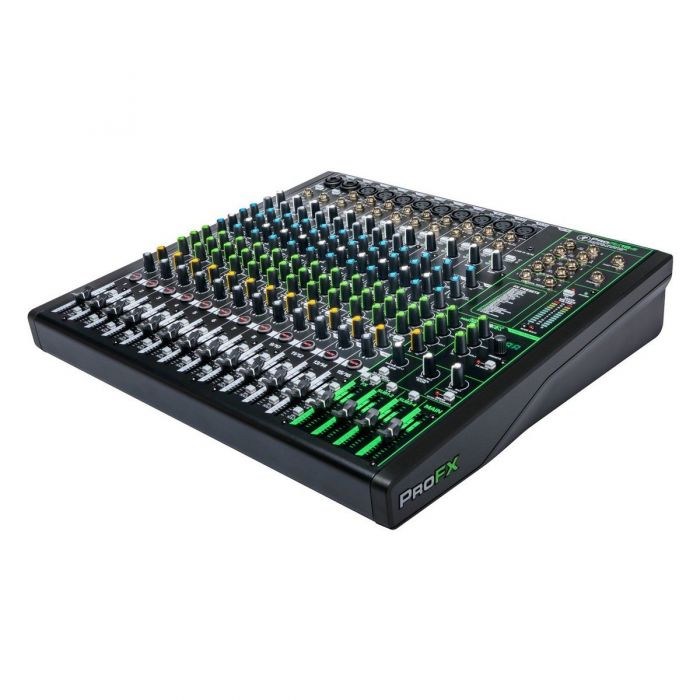 Angled view of the Mackie ProFX16v3 16-Channel Analog Mixer with USB