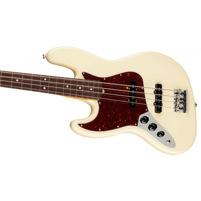 Closeup of the body on a Fender American Professional II Jazz Bass LH, Olympic White