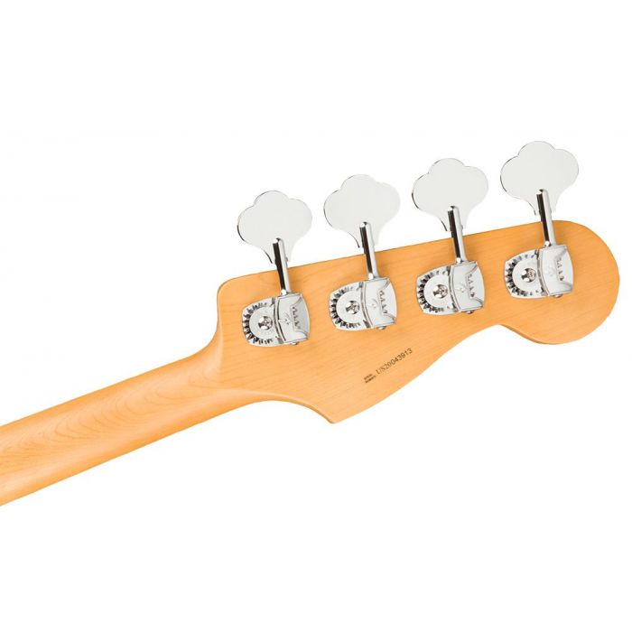 Rear view of the headstock on a Fender American Professional II Jazz Bass LH, Olympic White