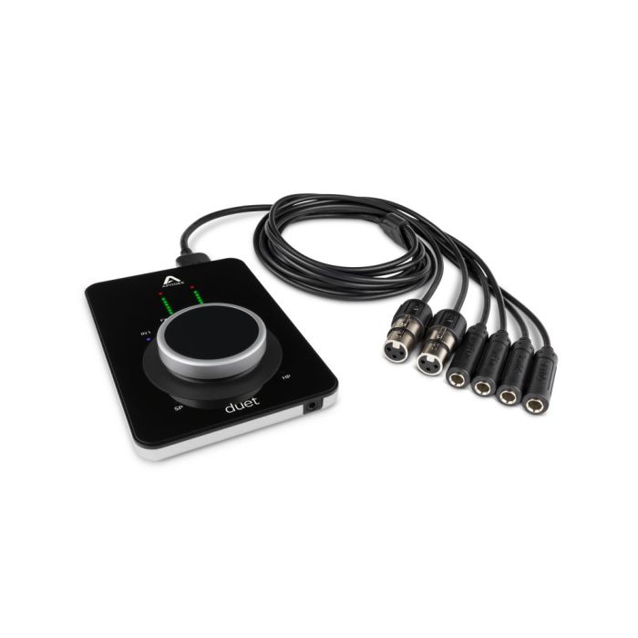 Angled view with connectors of the Apogee Duet 3 USB Audio Interface