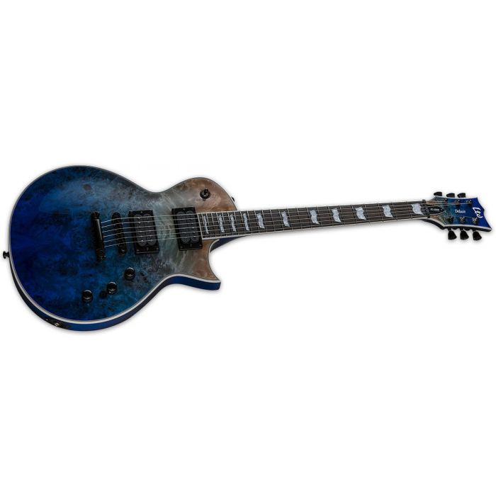 Angled view of an ESP LTD EC1000 Burled Poplar Guitar, Blue Natural Fade