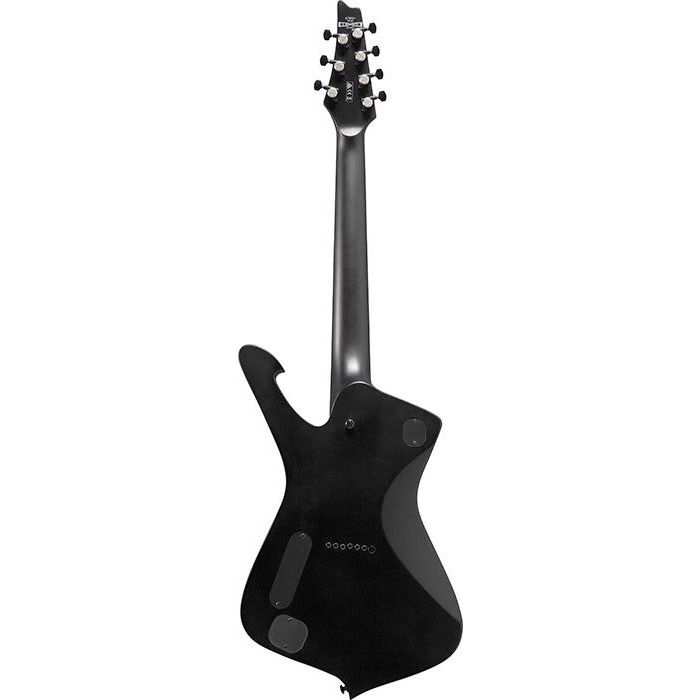 Full rear side view of an Ibanez Iron Label ICTB721 7 String Iceman Guitar, Black Flat