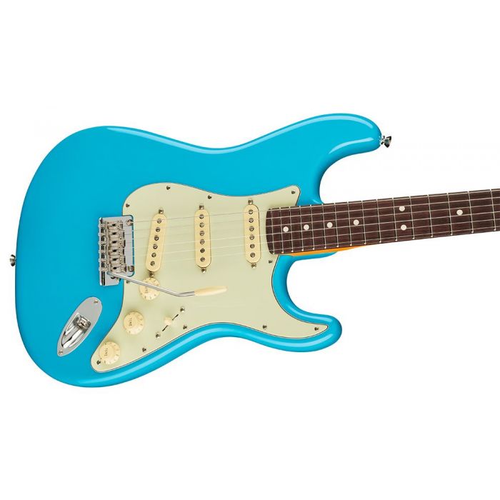 Closeup of the body on a Fender American Professional II Stratocaster RW, Miami Blue