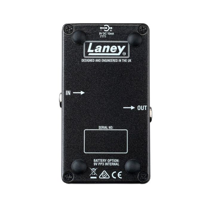 Underside view of a Black Country Customs by Laney Blackheath Bass Distortion Pedal