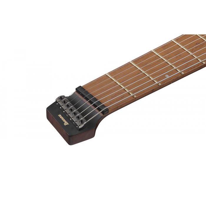 Closeup of the fingerboard on an Ibanez QX527PB Headless 7-String Guitar 10 Antique Brown Stained