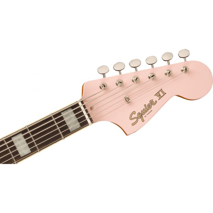 Squier FSR Classic Vibe Bass VI Shell Pink LRL Front Headstock View