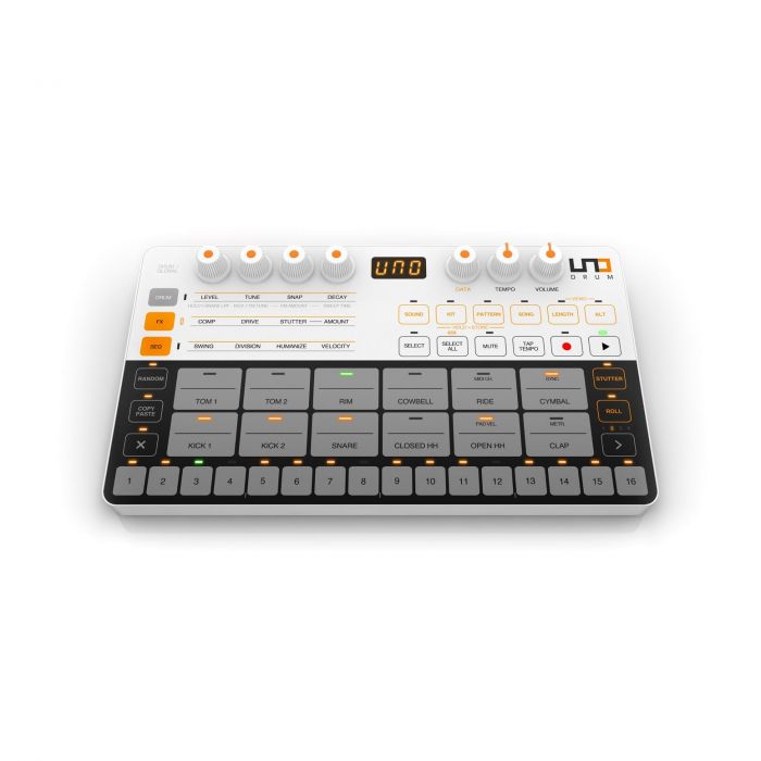 Angled view of the IK Multimedia UNO Drum Analogue & PCM Drum Machine