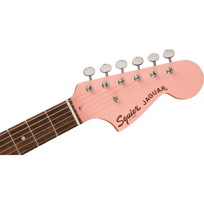 Headstock Front View of Squier FSR Classic Vibe 60s Jaguar Shell Pink LRL