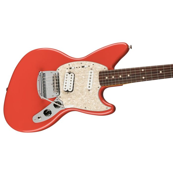 Angled body view of the Fender Kurt Cobain Jag-Stang RW Fiesta Red