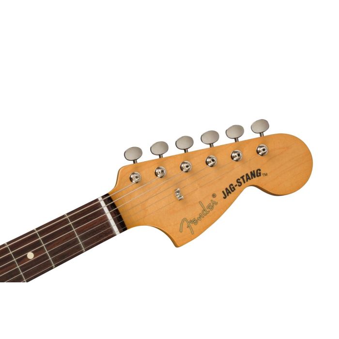 Headstock close up of the Fender Kurt Cobain Jag-Stang RW Fiesta Red