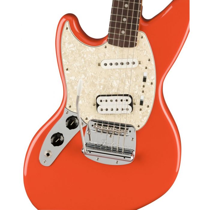 Body close up of the Fender Kurt Cobain Jag-Stang Left-Handed RW Fiesta Red