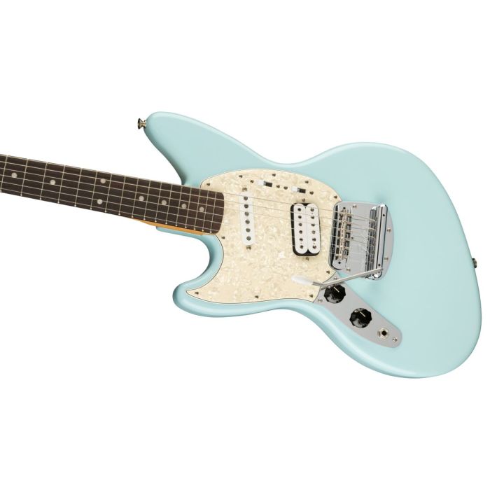 Angled body view of the Fender Kurt Cobain Jag-Stang Left-Handed RW Sonic Blue