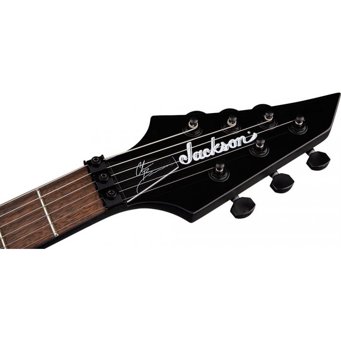 Headstock view of the Jackson Pro Chris Broderick Signature FR6 Soloist Gloss Black
