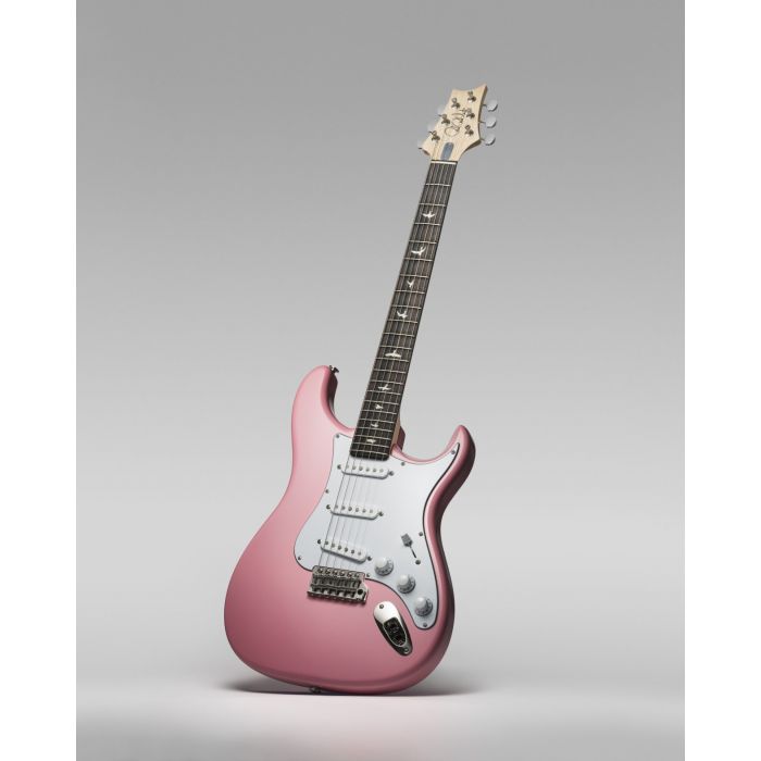 angled beauty shot of John Mayer Silver Sky Guitar in Roxy Pink Finish