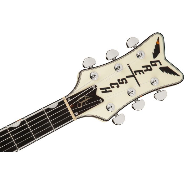 Front Headstock View of Gretsch G6136T-RF Richard Fortus Signature Falcon Vintage White