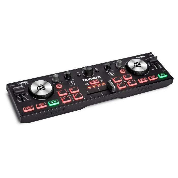 Angled view of the Numark DJ2GO2 Touch DJ Controller