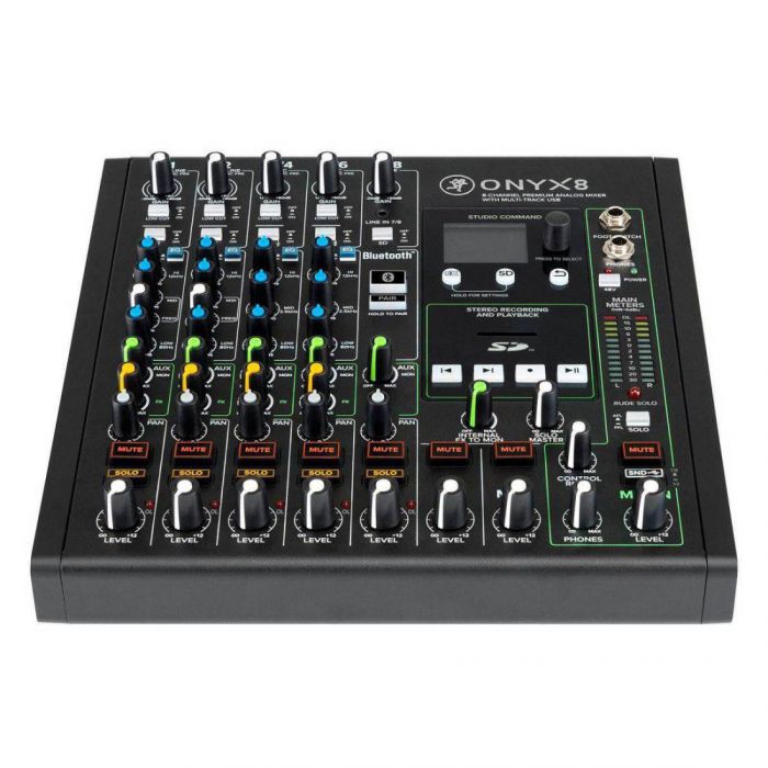 Mackie ONYX 8 8-Channel Analogue Mixer with Multi-Track USB Front Angled View