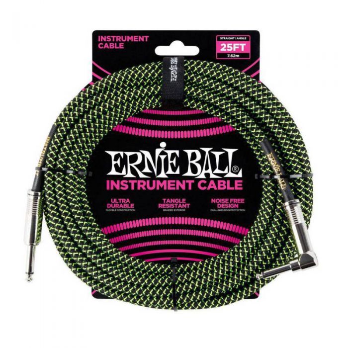 Ernie Ball 25ft Braided Instrument Cable Black/Green Front View