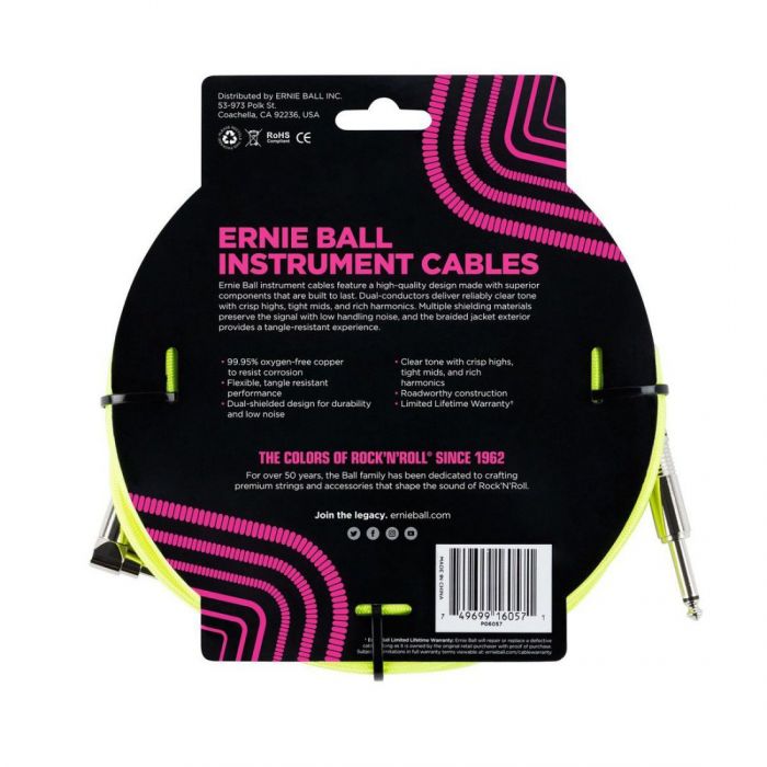 Ernie Ball 25ft Braided Instrument Cable Neon Yellow Back View