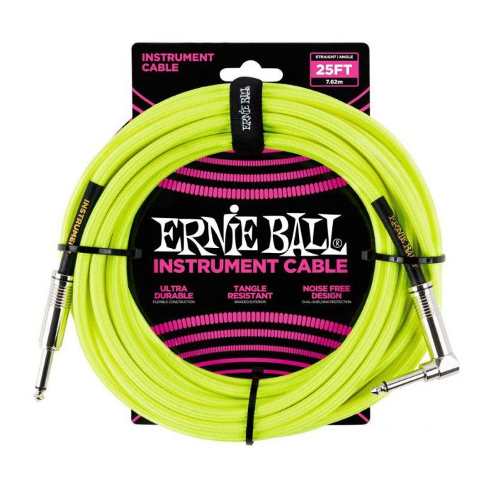 Ernie Ball 25ft Braided Instrument Cable Neon Yellow Front View