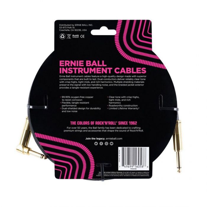 Ernie Ball 25ft Braided Instrument Cable Black Back View