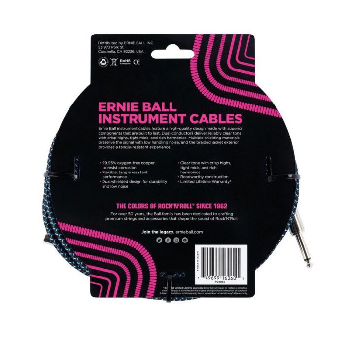 Ernie Ball 25ft Braided Instrument Cable Black/Blue Back View