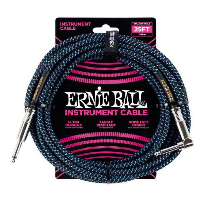 Ernie Ball 25ft Braided Instrument Cable Black/Blue Front View