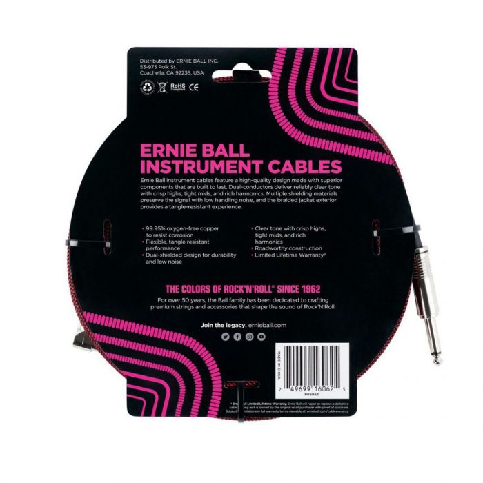 Ernie Ball 25ft Braided Instrument Cable Red Back View