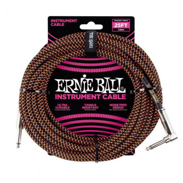 Ernie Ball 25ft Braided Instrument Cable Black/Orange Front View