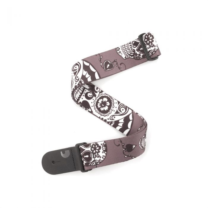 Front View of D'Addario 2" Woven Guitar Strap Sugar Skulls in White