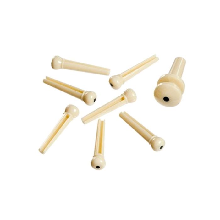Overview of the DAddario Injected Molded Bridge Pins with End Pin Set of 7 Ivory with Black Dot