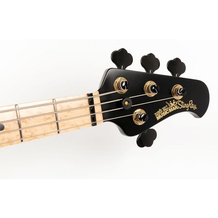Closeup of the headstock on a Music Man BFR StingRay Special HH Kingpin Bass