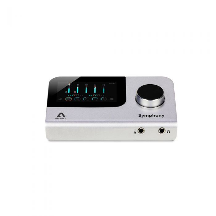 Angled front view of the Apogee Symphony Desktop USB-C Audio Interface