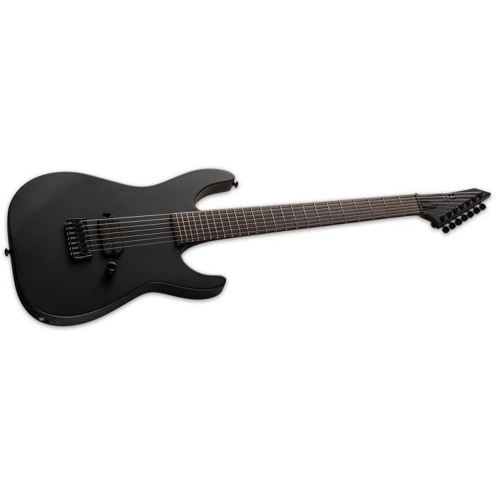Angled vie wof an ESP LTD M-7HT Baritone Black Metal Guitar, Black Satin