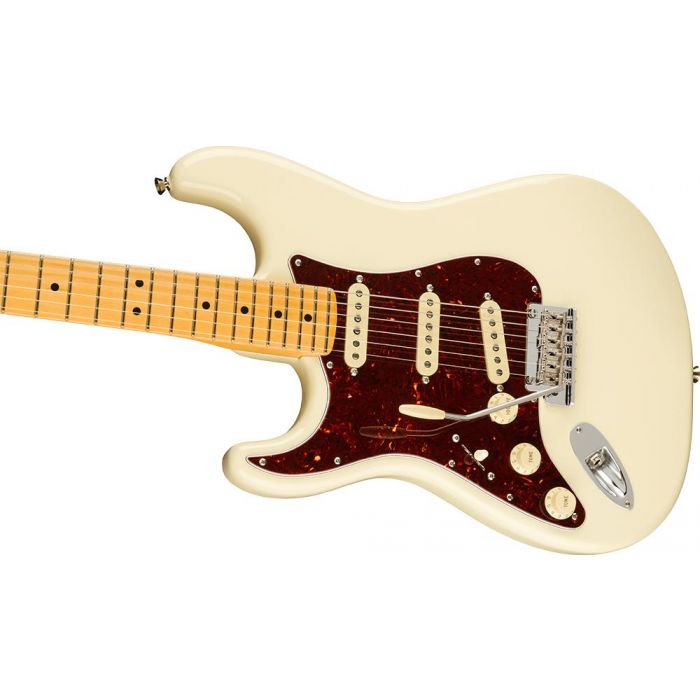 Angled view of the body on a Fender American Professional II Stratocaster LH MN, Olympic White