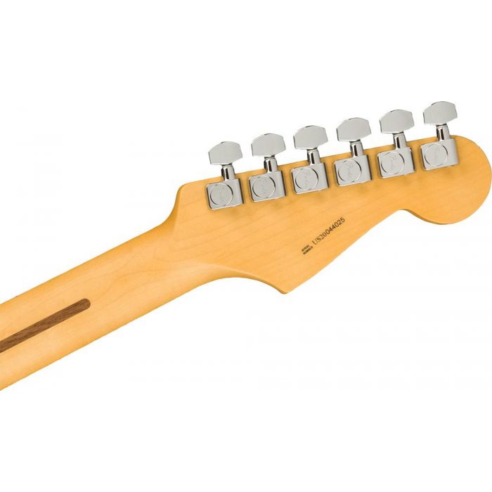 Rear view of the headstock on a Fender American Professional II Stratocaster LH MN, Olympic White