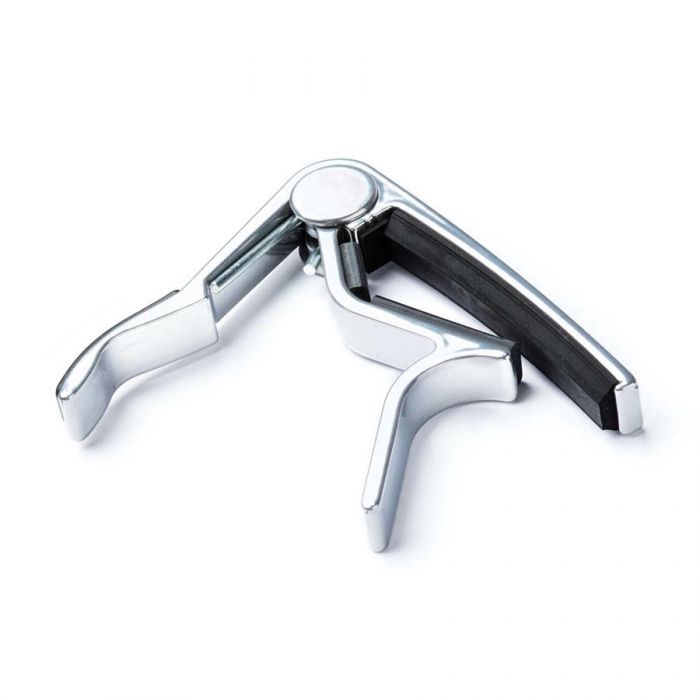 Angled view of a Jim Dunlop 87N Electric Curved Guitar Trigger Capo, Nickel