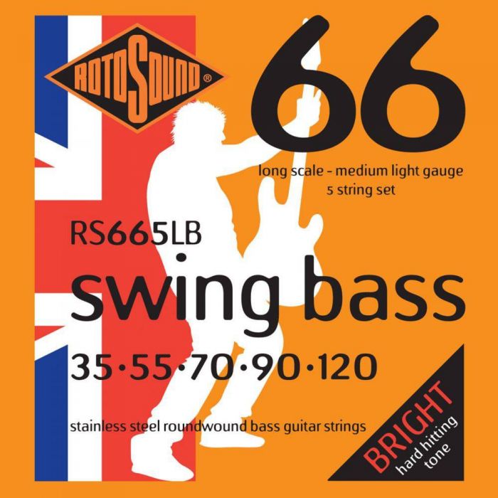 Overview of the Rotosound RS665LB Swing Bass Stainless Steel Roundwound Bass Guitar Strings 35-120 5-String Long Scale