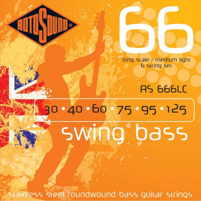 Overview of the Rotosound RS666LC Swing Bass Stainless Steel Roundwound Bass Guitar Strings 30-125 6-String Long Scale