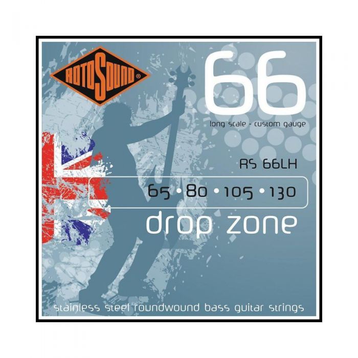 Overview of the Rotosound RS66LH Drop Zone Stainless Steel Roundwound Bass Guitar Strings 65-130 Long Scale
