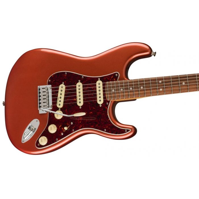 Fender Player Plus Stratocaster PF Aged Candy Apple Red, angled view of the body