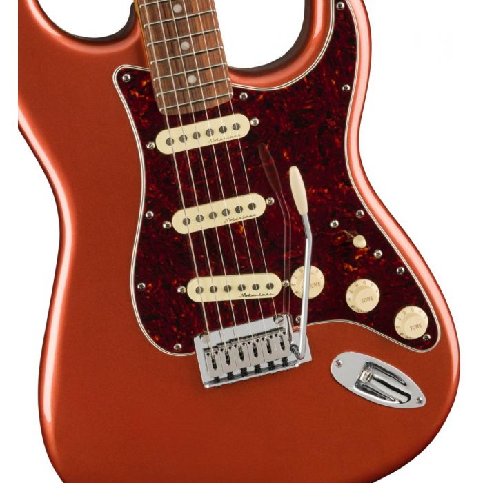 Fender Player Plus Stratocaster PF Aged Candy Apple Red, closeup of the body